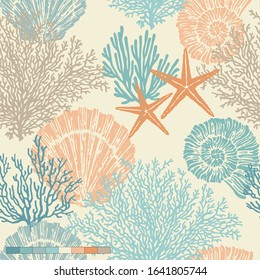 Marine vector hand drawn pattern with sea shells, stars, mollusk and coral. Perfect for textiles, wallpaper and prints.