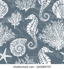 Marine vector hand drawn pattern with sea shells, stars, seahorse and coral. Highly detailed. Perfect for textiles, wallpaper and prints.