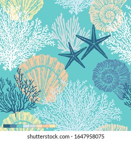 Marine vector hand drawn pattern with sea shells, stars, mollusk and coral. Perfect for textiles, wallpaper and prints.