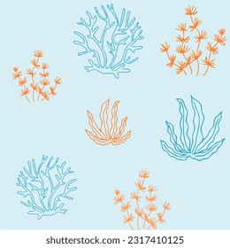 Marine vector hand drawn pattern with sea shells, stars, mollusk and coral. Perfect for textiles, wallpaper and prints.