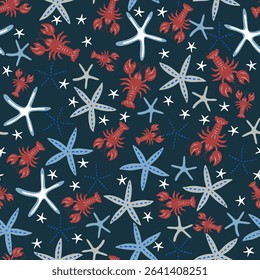 Marine vector hand drawn pattern with seastars, coral and lobsters. Perfect for textiles, wallpaper and prints.