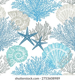 Marine vector hand drawn pattern with sea shells, stars, mollusk and coral. Perfect for textiles, wallpaper and prints.
