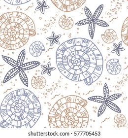 Marine vector hand drawn pattern with sea shells and stars. Perfect for textiles, wallpaper and prints.