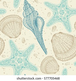 Marine vector hand drawn pattern with sea shells and stars. Highly detailed. Perfect for textiles, wallpaper and prints.