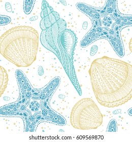 Marine vector hand drawn pattern with sea shells and stars. Highly detailed. Perfect for textiles, wallpaper and prints.