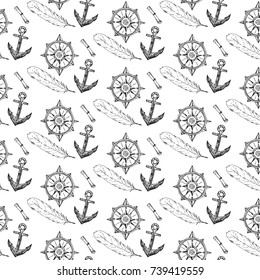 Marine vector hand drawn pattern with sea symbols and wheel. Highly detailed. Perfect for textiles, wallpaper and prints.
