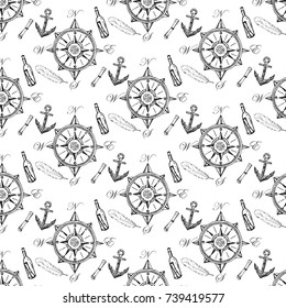 Marine vector hand drawn pattern with sea symbols and wheel. Highly detailed. Perfect for textiles, wallpaper and prints.
