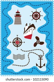 Marine vector icon set,  ocean liner, sea anchor, Rose of Wind, lighthouse, handwheel, screw