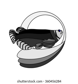 a marine vector illustration of monochrome and outlined , blue eyed fish, with water waves and sunrise as a background