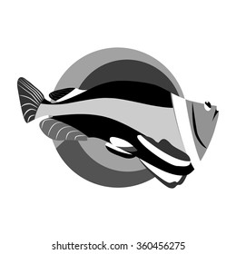 a marine vector illustration of a monochrome tropical fish and water as a background