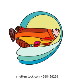 a marine vector illustration of a red, outlined, swimming fish, with a seaside as a background