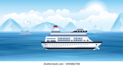 Ilustración de vectores marinos con línea de crucero de turismo navegando en aguas del mar sur cálido