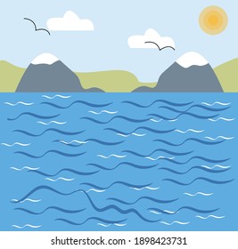 paisaje vectorial marino con montañas, sol y nubes