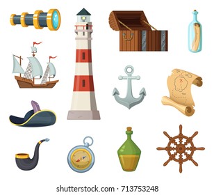Marine vector objects. Chest, compass, treasure map and other objects in cartoon style. Bottle of rum, anchor and tube, map and spyglass illustration