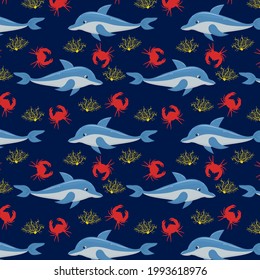 marine vector pattern with dolphins and crabs on a dark blue background