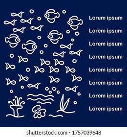 Marine vector pattern. Doodle Cute fish, seaweed and shell with a pearl. Outline style. It can be used for menus, price lists, invitations, poster and more.