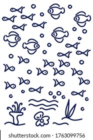 Marine vector pattern. Doodle Cute fish, seaweed and shell with a pearl. Outline style. It can be used for menus, price lists, invitations, poster and more.
