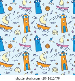 Marine vector pattern in doodle style. Cute illustration for kid's design with lighthouse, sailboat, shells. Design for fabric, paper, wallpaper