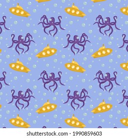 marine vector pattern with an octopus and a submarine on a light blue background