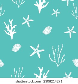 Marine vector  pattern with sea shells, stars, mollusk,seaweed and coral. Perfect for textiles, wallpaper and prints.