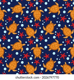 marine vector pattern with sea turtles and starfish on a white background