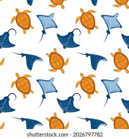 marine vector pattern with sea turtles and stingrays on a white background