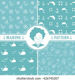 Marine vector pattern. Sea waves. Ocean animals. Happy summer.