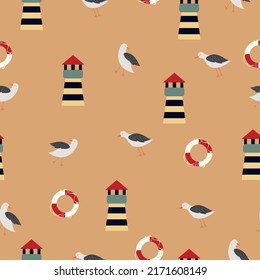 Marine vector pattern. Pattern with seagulls, lighthouses and lifebuoys. High quality vector illustration.
