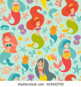 Marine vector pattern. Seamless pattern with cute mermaids, cat, pearl and starfish. Design for wrapping, fabric, textile. Sea background with cute mermaid girls 