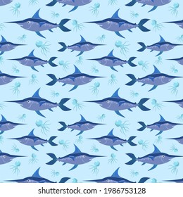 Marine Vector Pattern With Swordfish And Jellyfish On A Blue Background