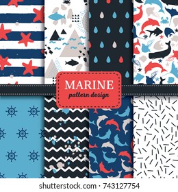 Marine vector patterns with anchors, fish, crabs and waves