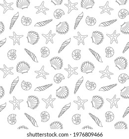 Marine vector seamless background from hand drawn sea shells and stars. Nautical pattern with shellfishes isolated on white
