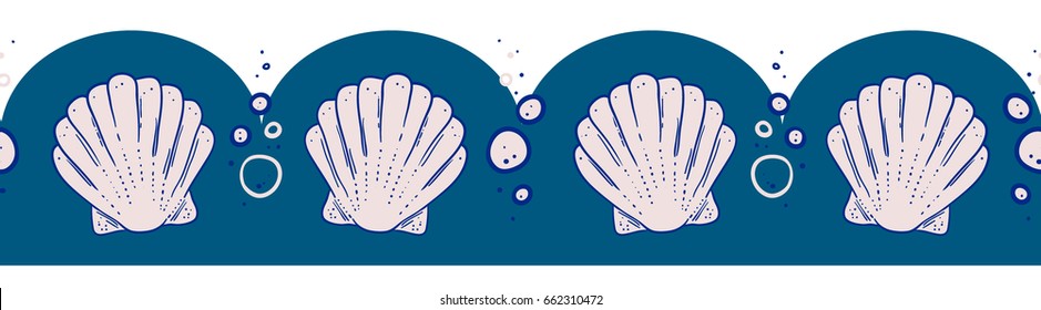 Marine Vector Seamless Border. Illustration Seashells and Bubbles