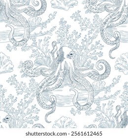 Marine Vector Seamless Pattern Background with Octopuses and Corals, Toile de jouy Vintage Classic Style