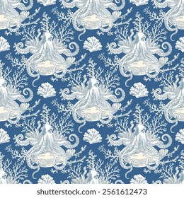 Fondo de patrón sin fisuras de Vector marino con pulpos y corales, Toile de jouy Antiguas Classic Style