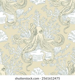 Marine Vector Seamless Pattern Background with Octopuses and Corals, Toile de jouy Vintage Classic Style