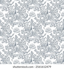 Image vectorielle marine Arrière-plan motif harmonieux de pieuvres et coraux, toile de jouy style Vintage classique