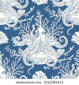 Marine Vector Seamless Pattern Background with Octopuses and Corals, Toile de jouy Vintage Classic Style