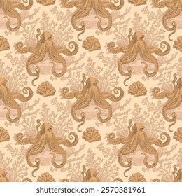 Marine Vector Seamless Pattern Background with Octopuses and Corals, Toile de jouy Vintage Classic Style