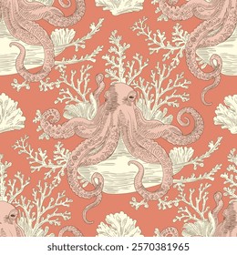 Vetor marinho sem emenda padrão fundo com polvos e corais, Toile de jouy estilo clássico vintage