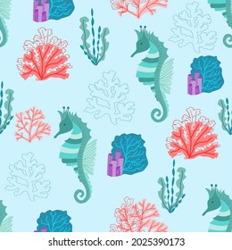 Marine vector seamless pattern with cartoon seahorses, algae and corals. Print for printing baby jersey