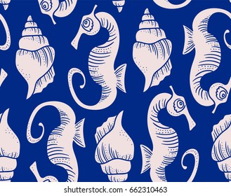 Marine Vector Seamless Pattern Cartoon Illustration Seahorse and Conch Shells in Blue.