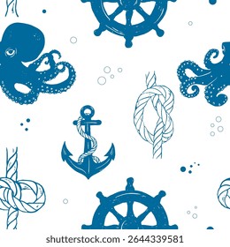 Marine vector seamless pattern. Hand drawn octopus, anchor, sea ​​knot, steering wheel. Decorative fabric print, cover.