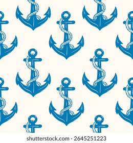 Marine vector seamless pattern. Hand drawn anchor. Decorative fabric print, cover.