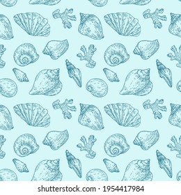 Marine vector seamless pattern with hand-drawn shell illustrations. Hand-drawn corals, shells of sea molluscs collected in a seamless pattern. Bathroom textiles
