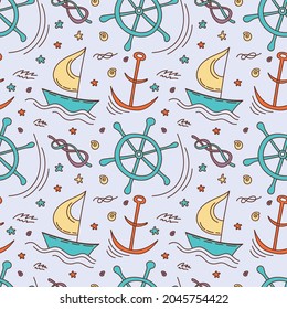 Marine vector seamless pattern. Illustration with sailboat, anchor and steering wheel. Children's design for fabric, paper, wallpaper
