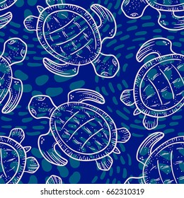 Marine Vector Seamless Pattern. Illustration Tropical Turtle in Blue