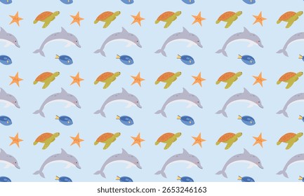 Patrón inconsútil del Vector marino. Vida marina. Diseño de patrones para niños. Fondo lindo de dibujos animados infantil