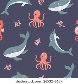 Patrón inconsútil del Vector marino. Vida marina. Diseño de patrones para niños. Fondo lindo de dibujos animados infantil