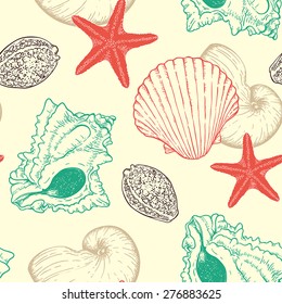 Marine vector seamless pattern with sea shells
